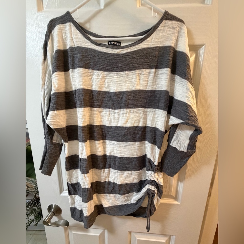 Express Charcoal and Cream Striped Long Sleeve Top